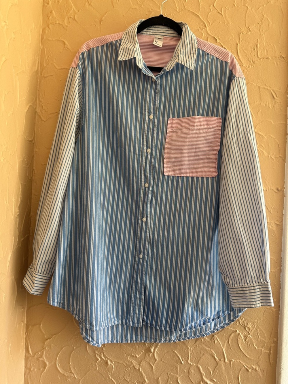 Oversized Striped Blue and Pink Contrast Pocket Button-Up Shirt 100% cotton